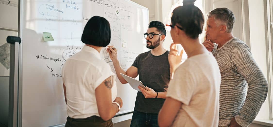 Équipe de travail en réunion devant un tableau blanc rempli de notes - Formation - Animez des réunions plus efficaces | Marie-Andrée Roy, Services conseil et Design Thinking