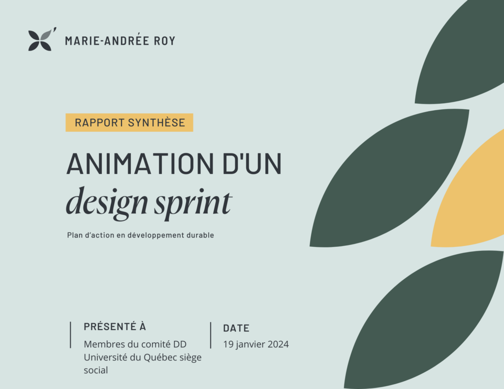 Couverture du rapport suite au Design Sprint de l'Université du Québec | «Un design sprint pour créer son plan de développement durable» - Article de blogue | Marie-Andrée Roy, Services conseil et Design Thinking