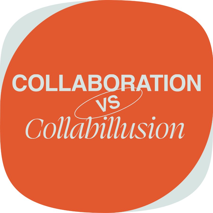 Logo conférence stacked bleu pâle dans une forme orange | Conférence Collaboration vs Collabillusion | Marie-Andrée Roy - Services conseil et Design Thinking